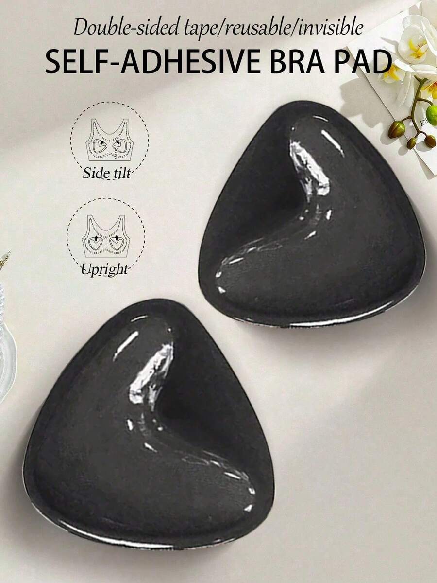 1 Pair Invisible Double-Sided Sticky Bra Pads, Triangle Silicone Push Up Inserts, Reusable Breast Lift Nipple Covers For Backless, Strapless, Bikini & Summer Dresses - Black - View 1