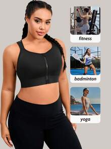 1pc Plus Size Women's Sports Bra, Adjustable Lift And Support, Front Zipper Closure, Casual Wear - Black - View 6