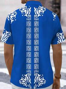 巴洛克复古几何3D印花加大码男士短袖纽扣衬衫 - 藍色 - 查看 4