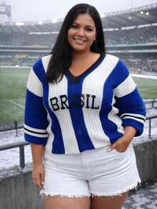Brazil Blouse In Modal Knit, Plus Size - Xanh và trắng - Xem 1