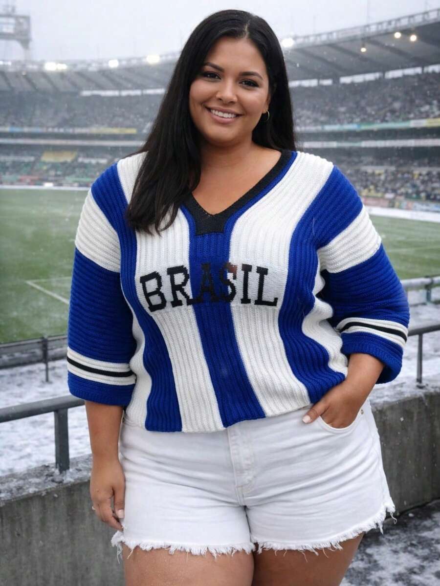 Brazil Blouse In Modal Knit, Plus Size - Xanh và trắng - Xem 1