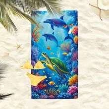 1件装海底世界珊瑚、海龟、海豚图案沙滩巾，超柔软超细纤维特大号沙滩毯，超强吸水浴巾，适合旅行、游泳池、潜水、冲浪、瑜伽、露营，多种尺寸可选，沙滩配件 - F - 查看 7