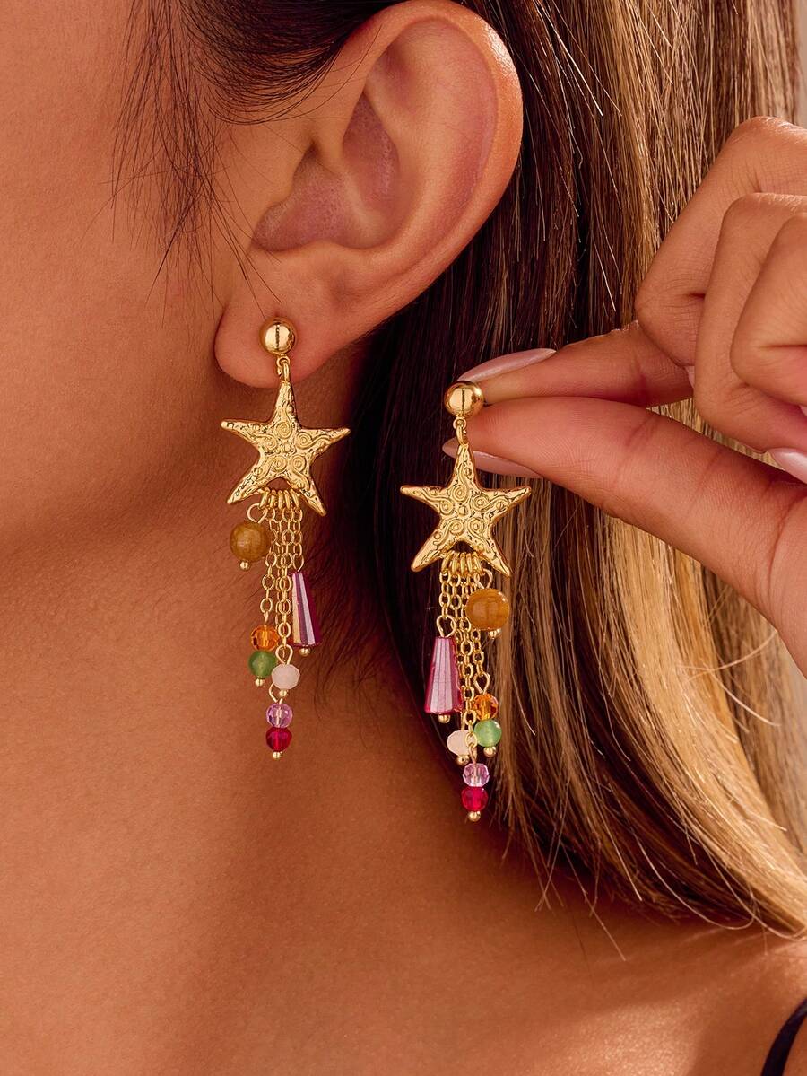 1对女士星形链条流苏耳环，波西米亚风海星流苏串珠耳环，适合夏季海滩度假、婚礼/圣诞节/周年纪念日/情人节等场合佩戴，优雅珠宝礼品 - 海星流蘇耳環 - 查看 1