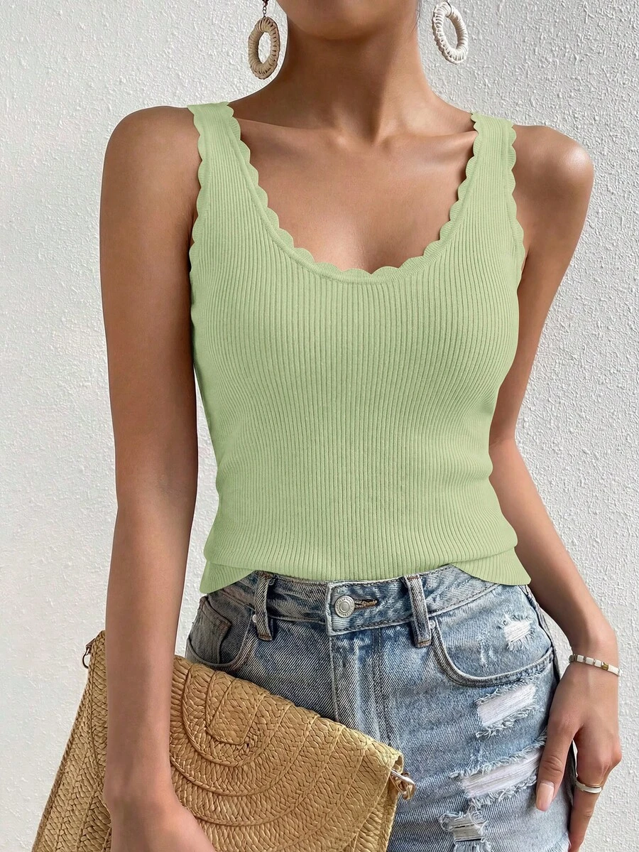 Womens Summer Sleeveless Tank Tops V Neck Ruffle Lightweight Ribbed Knit Shirt Casual Going Out Top - 淺綠 - 查看 1