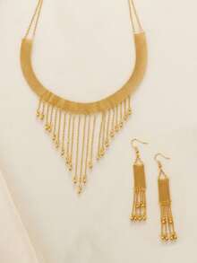 1 Set di gioielli alla moda con nappa e pendenti multipli, collana + orecchini a nappa, adatto per uso quotidiano, regali, casual e vacanze - Oro giallo - Visualizzare 5