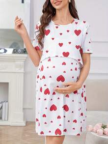产后女士休闲孕妇睡衣，圆领爱心印花短袖睡袍，舒适保暖的孕妇家居服 - 彩色 - 查看 6