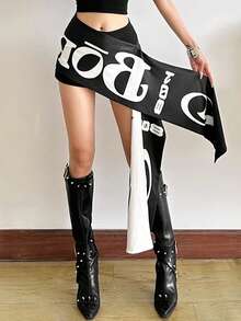 Top Dazzle 女士涤纶紧身高低摆短裙，性感派对风，略带弹力面料，黑白图案 - 黑色 - 查看 4