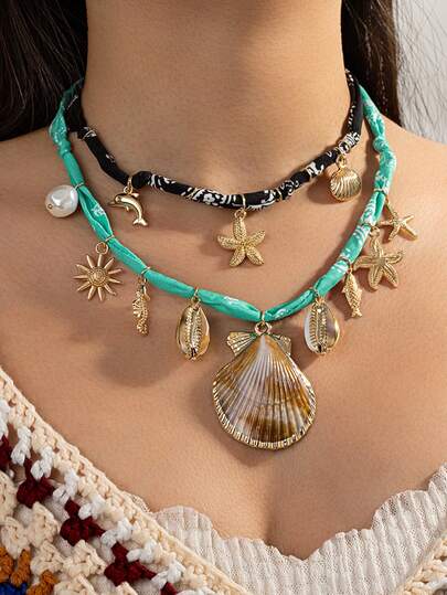 2件套布艺海星贝壳吊坠双层项链，海滨奶奶风休闲颈饰，适合夏季度假和日常佩戴