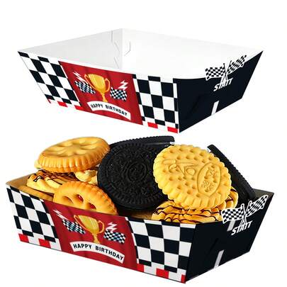 20pcs Racing Theme Birthday Party Paper Boxes, Black & White Checkered Racetrack Design, Baking Dessert Snack Trays, Suitable For Racing Theme Birthday Party Supplies, Tabletop Centerpiece, Party Decorations