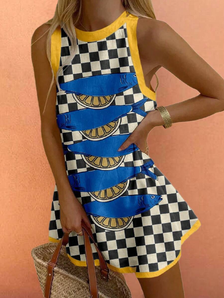 女士宽松休闲沙滩度假连衣裙，饰有海星、蓝白格子、柠檬和沙丁鱼印花，适合春夏早午餐，黑色优雅款