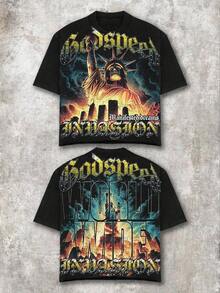 Godspeed Manifested Dreams Burning Liberty Distressed Oversized Graphic Tee Men's Short Sleeve Pure Cotton T-Shirt Loose Fit, Y2K Streetwear Vintage Casual World Wide Apocalyptic Aesthetic Baggy 100% Cotton Pullover Gift,Mens Clothes,Graphic Tee,Summer Clothes,Summer Tops,Easter Outfits,Spring Clothes ,Shirts - 黑色 - 查看 5