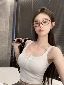 性感纽扣吊带背心，女士新款夏季外套，带胸垫，修身打底衫，休闲白色 - 白色 - 查看 3