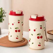 1pc 350/400ml Cute Cherry Pattern Plastic Coffee Mug With Lid & Rope, Portable Travel Water Cup, Leak Proof Tumbler, Microwave Tea Milk Coffee Cup, Drinking Bottle Drinkware For Students Adults Use In School, Office, Picnic, Back To School - Multicolor - View 3
