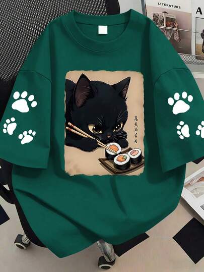 大码女式猫爪印花圆领T恤，猫咪吃寿司图案，适合夏季假期、新年、情人节、母亲节等场合。休闲夏季上衣，时尚印花短袖。适合夏季假期、海滩度假、春季穿搭、春季上衣、女士夏季服装