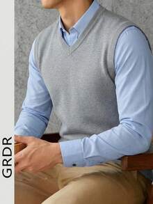 GRDR 男士纯色V领休闲百搭针织背心，秋冬款 - 淺灰色 - 查看 3