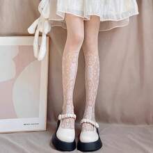 Patterned Stockings, And Alluring, White Stockings, Anti-Snag, Popular Online, JK Black Printed Stockings - Hoa trắng - Xem 5
