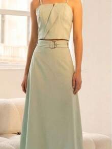 Cropped Top And Midi Skirt Set, Elegant Women's Set, Flowy Midi Skirt Set, Modern Women's Set, Formal Women's Set, Sophisticated Women's Set, Chic Women's Set, Elegant Set For Events. - 橄欖綠 - 查看 2