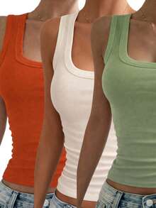 Set Of 3 Basic Ribbed Tank Tops For Women In Ribbed Knit Fabric - Casual Look - Orange + Off White + Green - View 1