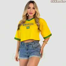Women's Oversized Cropped Top With Brazil Print, 100% Cotton, Prime Fabric, World Cup 2026, Blouse, T-Shirt, International Fashion. - 黃色 - 查看 1