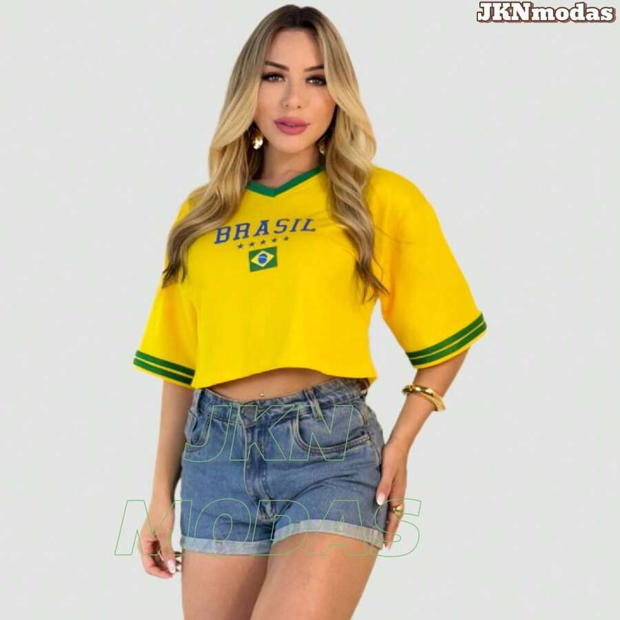 Women's Oversized Cropped Top With Brazil Print, 100% Cotton, Prime Fabric, World Cup 2026, Blouse, T-Shirt, International Fashion. - 黃色 - 查看 1