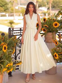 ADYCE 优雅V领无袖高腰蝴蝶结A字中长款派对礼服，适合舞会、生日派对、晚宴、约会、正式晚宴、家庭度假、春季婚礼等场合。 - 杏色 - 查看 7