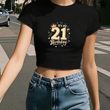 Women's Y2K 21st Birthday Outfit Short Cropped T-Shirt - "It's My 21st Birthday" Print Round Neck Top, 21 Number For 2 Olds, Machine Washable For & Casual Wear (-)Women Basic Slim Fit Cropped Tops Casual Fashion Short Sleeve Crop T-Shirt - màu đen - Xem 1