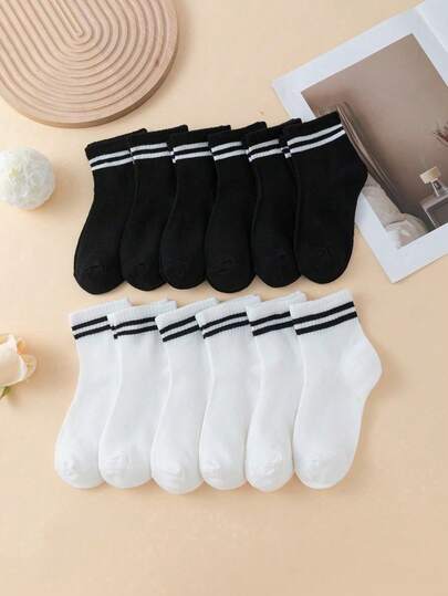 12 Pairs Kids & Youth Black & White Striped Sports Socks, Casual Mid-Calf Socks For School, Versatile