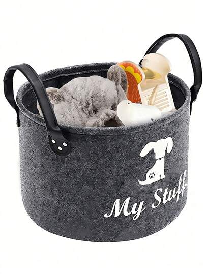 32cm X 22cm Gray Round Pet Toy Storage Basket With Handle, Dog Toy Basket