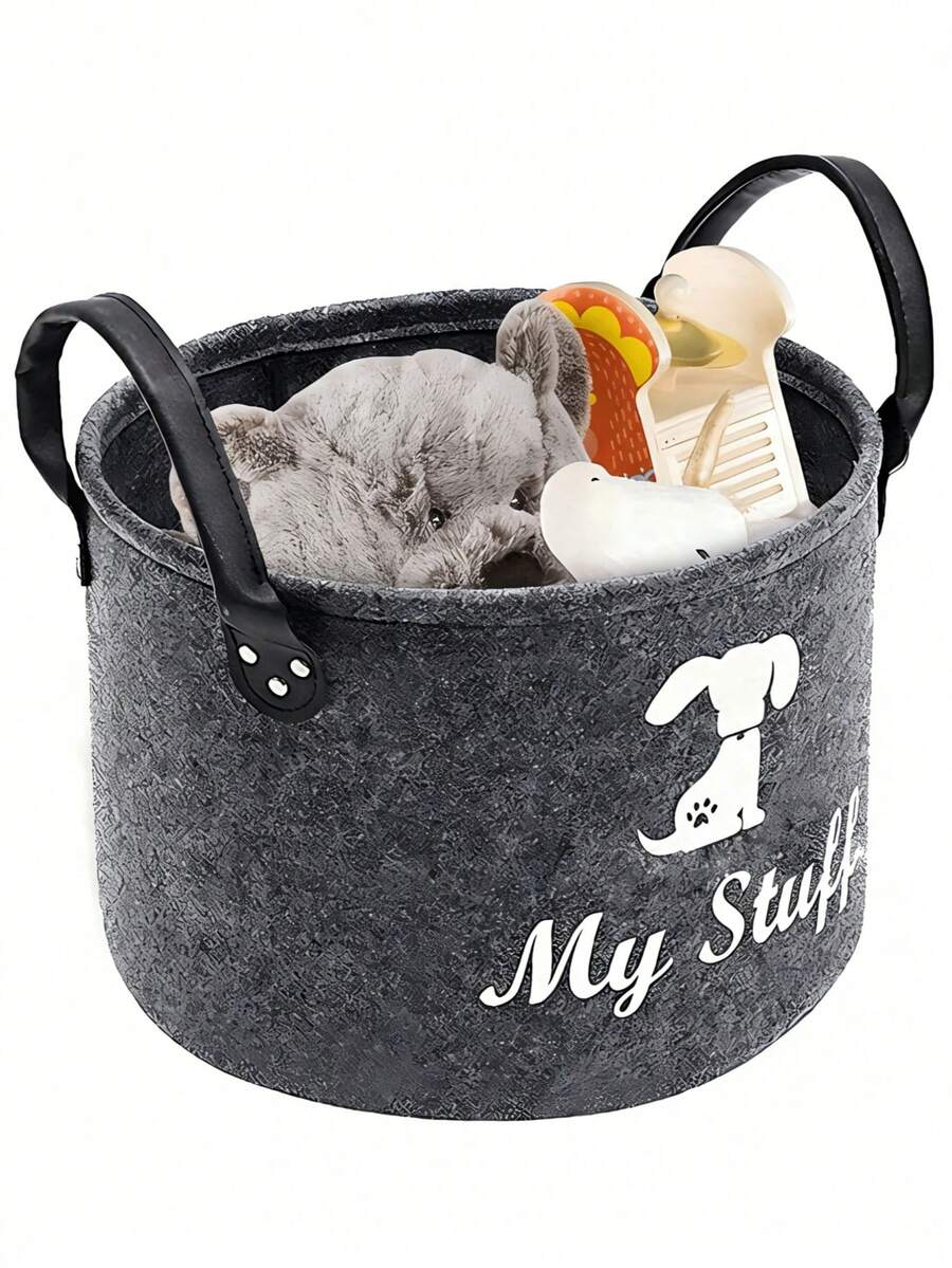32cm X 22cm Gray Round Pet Toy Storage Basket With Handle, Dog Toy Basket - Multicolor - View 1