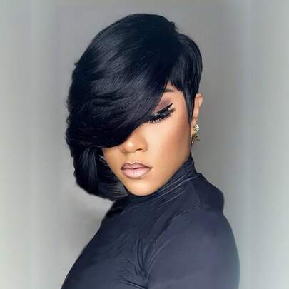 Elegant 8-Inch Pixie Cut Wig With Bangs For Women - Glueless, Layered Straight Human Hair In Black Pixie Cut Wig For Women Human Hair 1B, 99J, 4# Colored Human Hair Wig Short Wig For Women Throw On And Go Wig None Lace Front Pixie Wig For Women Haircut Glueless Wigs For Daily Use,Mother's Day