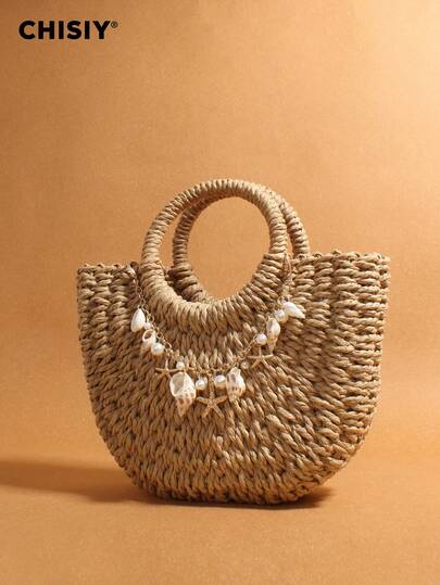 Original Pearl Shell Ornament Woven Bag, Straw Woven Handbag, Woven Handbag, Summer Beach Bag, Creative Women's Shoulder Bag, Beach Vacation Bag, The Best Gift For Female Mothers, Teachers, Friends, Bridesmaids