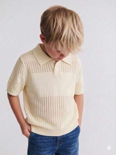 Boys' School Style Polo Collar Short Sleeve Hollow Out Knit Sweater, Suitable For School, Daily Wear In Spring, Summer And Autumn