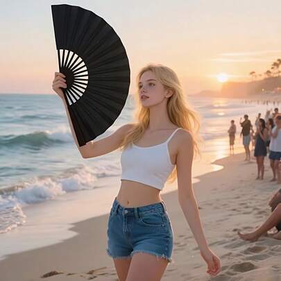 Extra Large Foldable Black Hand Fan, Chinese Kung Fu Style, Suitable For Outdoor Music Festivals, Clubs, Events, Parties, Dancing, Performances And Decoration, Summer Gift, Solid Color Casual
