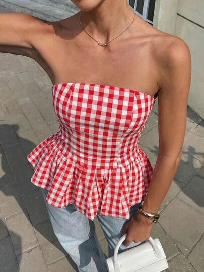 HUACAITA 格纹撞色修身性感荷叶边腰带露脐上衣，女士百搭款式