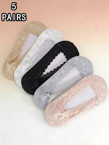 5/2/1 par de calcetines de barco de verano para mujer con patrón de corazón aleatorio de encaje, calcetines invisibles y transparentes de corte bajo - Multicolor - Ver 11