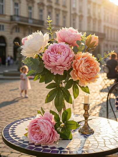 1朵人造双头牡丹假花，高级逼真仿真花卉装饰品，无需护理，持久耐用，适用于情人节、母亲节、复活节、春夏婚礼、家居新年拍照道具装饰