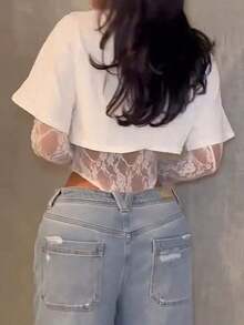 Women's Sexy Sheer Lace Short Sleeve Crop Top, Solid Color Lace Patchwork See-Through Sexy Bodysuit For Daily Wear, Dating, Single Party, Stage Performance, Spring/Summer Pink - 白色 - 查看 3