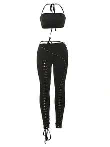 Women's Solid Color Backless Camisole Top And Lace-Up Pants Sexy 2-Piece Set, Spring/Summer, Suitable For Beach Bikini, Party, Street Fashion Black - 黑色 - 查看 6