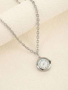 1pc Creative Round Quartz Watch Pendant Necklace, Unisex For Everyday And Party Wear - 復古銀色 - 查看 9