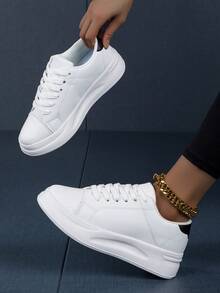 Women's White Lace-Up Skate Shoes, Casual Sporty Sneakers - Black and White - View 2
