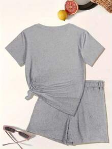 NUDEA 2025 Summer New Style, Featuring A Smiling Face And The Word 'Happy', This Casual Printed Short-Sleeve Top Comes With Elastic Waist Pocket Shorts For Women, A Two-Piece Set Summer Clothes  Two Piece Set Women - Màu Xám nhạt - Xem 2
