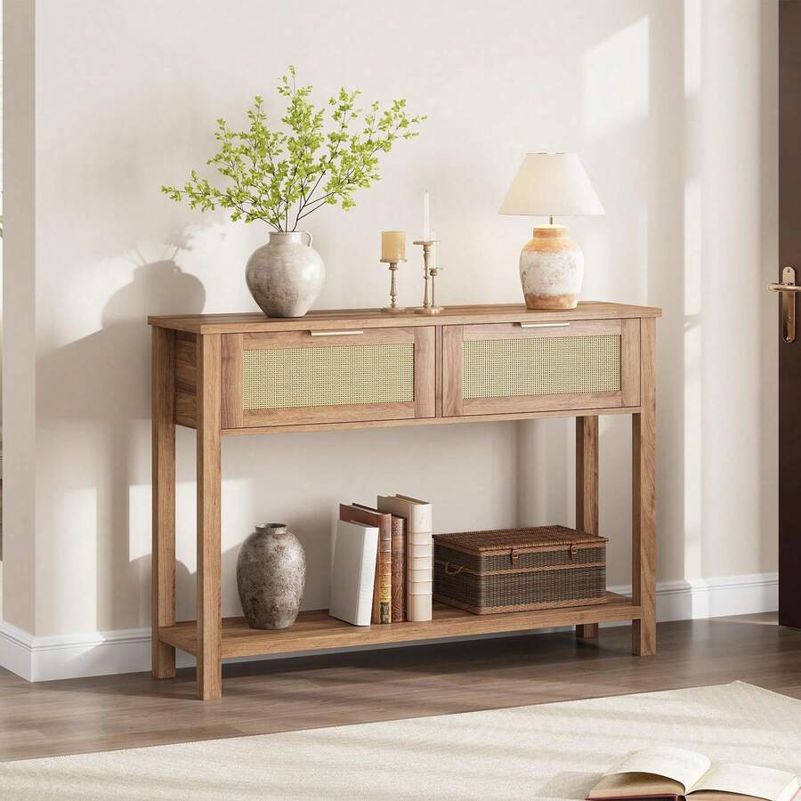 Mesa Consola de Ratán Boho para Entrada con 2 Cajones y 2 Niveles, Mesa de Sofá con Almacenamiento, Mueble de Vestíbulo para Hogar - Roble Caramelo - Ver 1