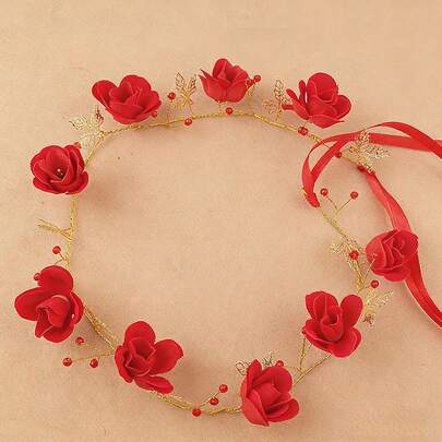 Handmade Bridal Headpiece - Floral Style Soft Chain Crown (Red), Suitable For Wedding Cocktail Dress, Bridal And Formal Occasions. Sparkling Bridal Headpiece, Bridesmaid Hair Accessory, Wedding Decoration, Elegant Hair Ornament, Bridesmaid Gift.
