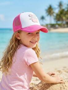 1顶女童刺绣樱桃网眼棒球帽，季节性透气网眼遮阳帽，夏季 - 1PC - 查看 7