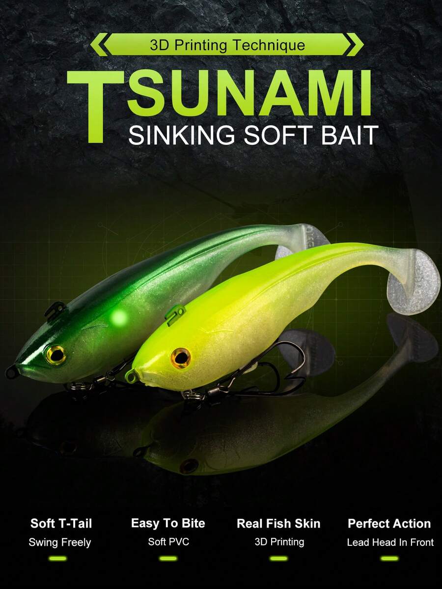Kingdom 1件装 TSUNAMI 170mm 55g 沉水软饵，3D打印T型尾泳饵，配有强力双钩，逼真PVC软饵，适用于淡水和海水钓鱼，送给男士、爸爸、丈夫的酷炫钓鱼礼物