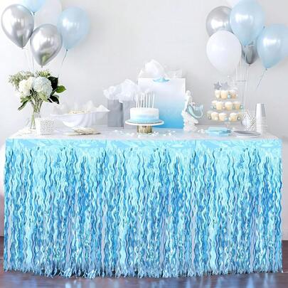 Váy phủ bàn màu xanh nhạt, váy phủ bàn tua rua trang trí cho sinh nhật, đám cưới, chủ đề biển, bàn kẹo, bàn tráng miệng, đồ dùng tiệc tùng.