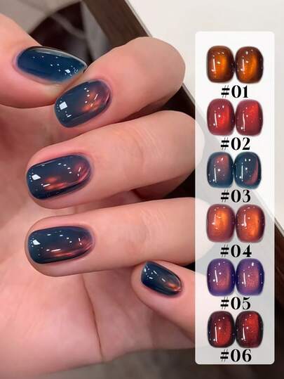 2026年新款女士礼盒套装，容量15毫升，包含炫彩暮光色、海洋日落色、夕阳余晖色、紫金色和红光色，搭配玻璃珠、水晶石和猫眼凝胶指甲油。适合所有季节，可用于美甲和日常美容。套装包含底油和亮油。