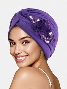 1pc Women's Sequin Pleated Headscarf, Headwrap, Hat Suitable For Daily Use - Multicolor - View 7