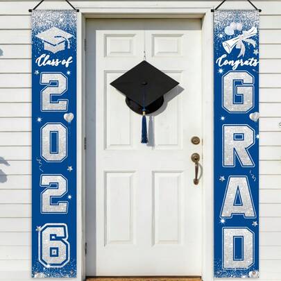 AFYPRTY 1 Set 180cm X 30cm Polyester Graduation Door Curtain Banner, Blue & Silver Glitter Design With 2026 Graduation Cap, Diploma & Congrats Graduate Symbols, Vertical Hanging Door Sign With Eyelets For Porch, Entrance, Yard, Graduation Party & Ceremony Decor