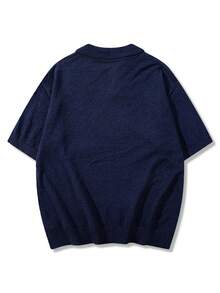 男女皆宜的休闲纯色V领短袖针织衫，适合春夏穿着，欧美韩风皆宜。 - 藏蓝色 - 查看 7